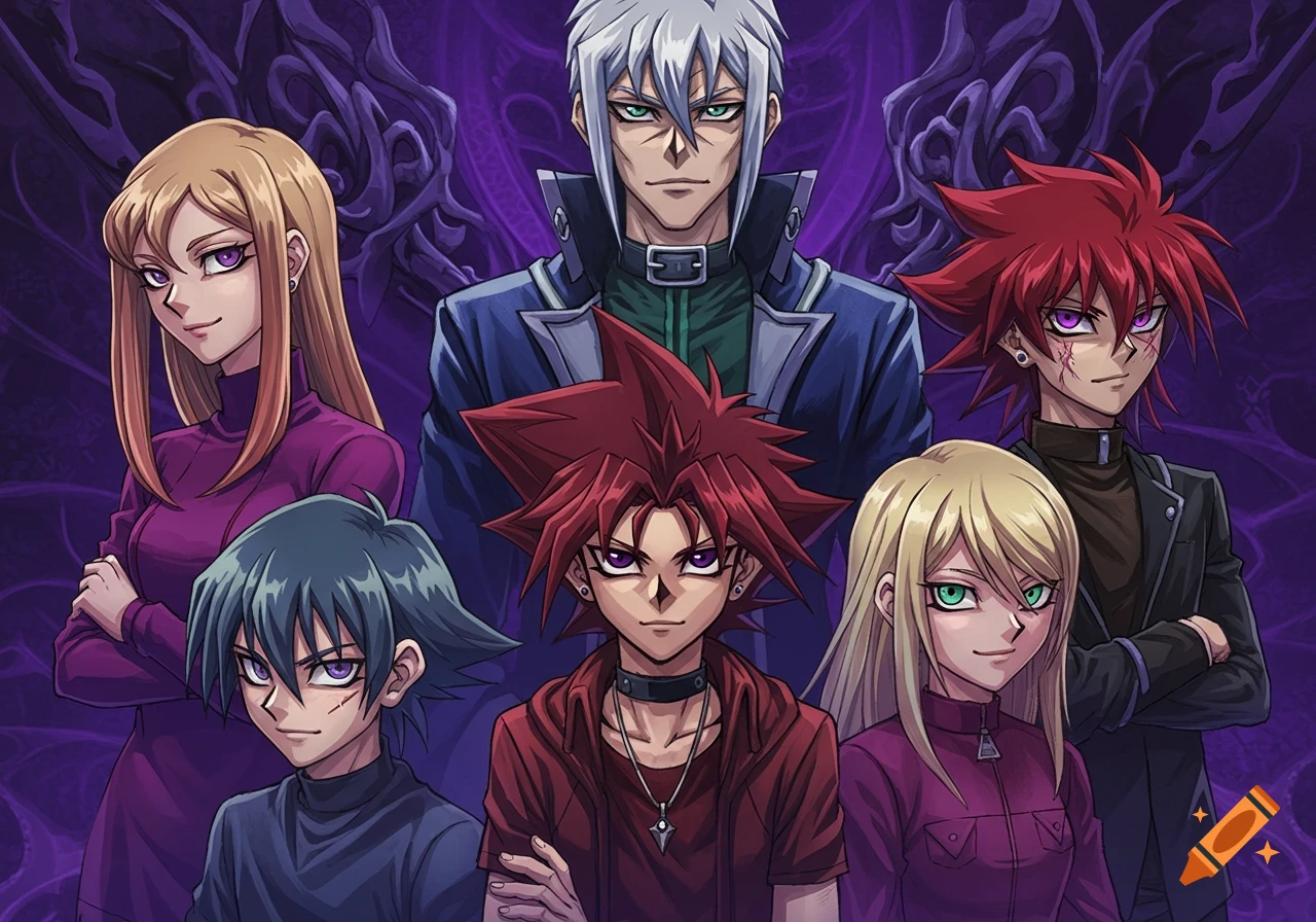 Anime-style family portrait featuring six characters with distinct hair and eye colors against a dark, stylized purple background.