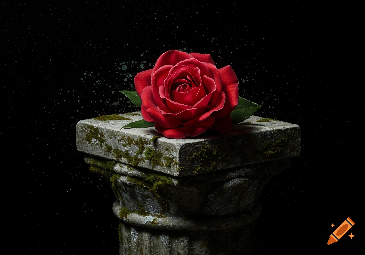 A hyperrealistic red rose rests on a moss-covered stone pedestal against a dark, speckled background, in a chiaroscuro style.