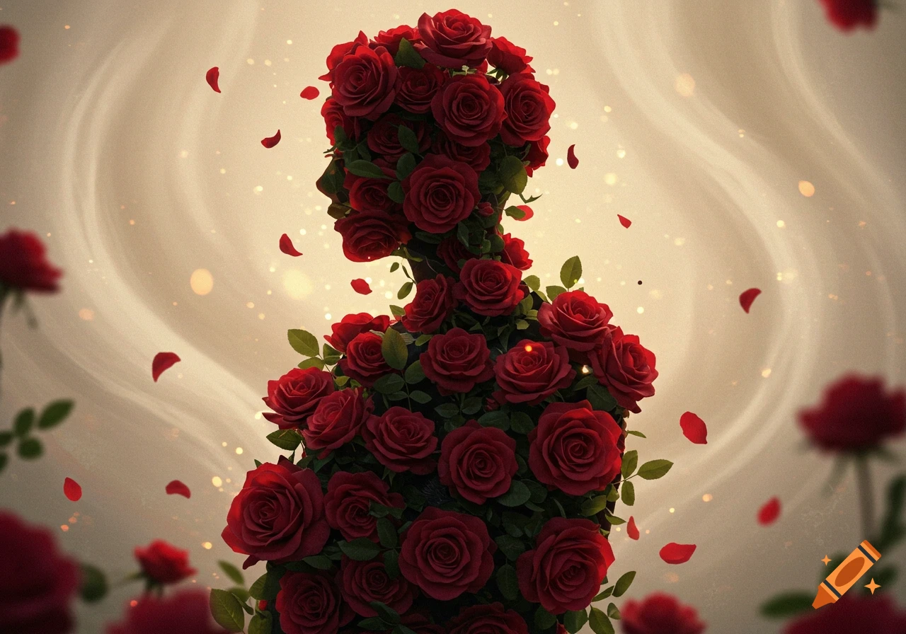 Human silhouette made of red roses with falling petals against a soft, glowing background.