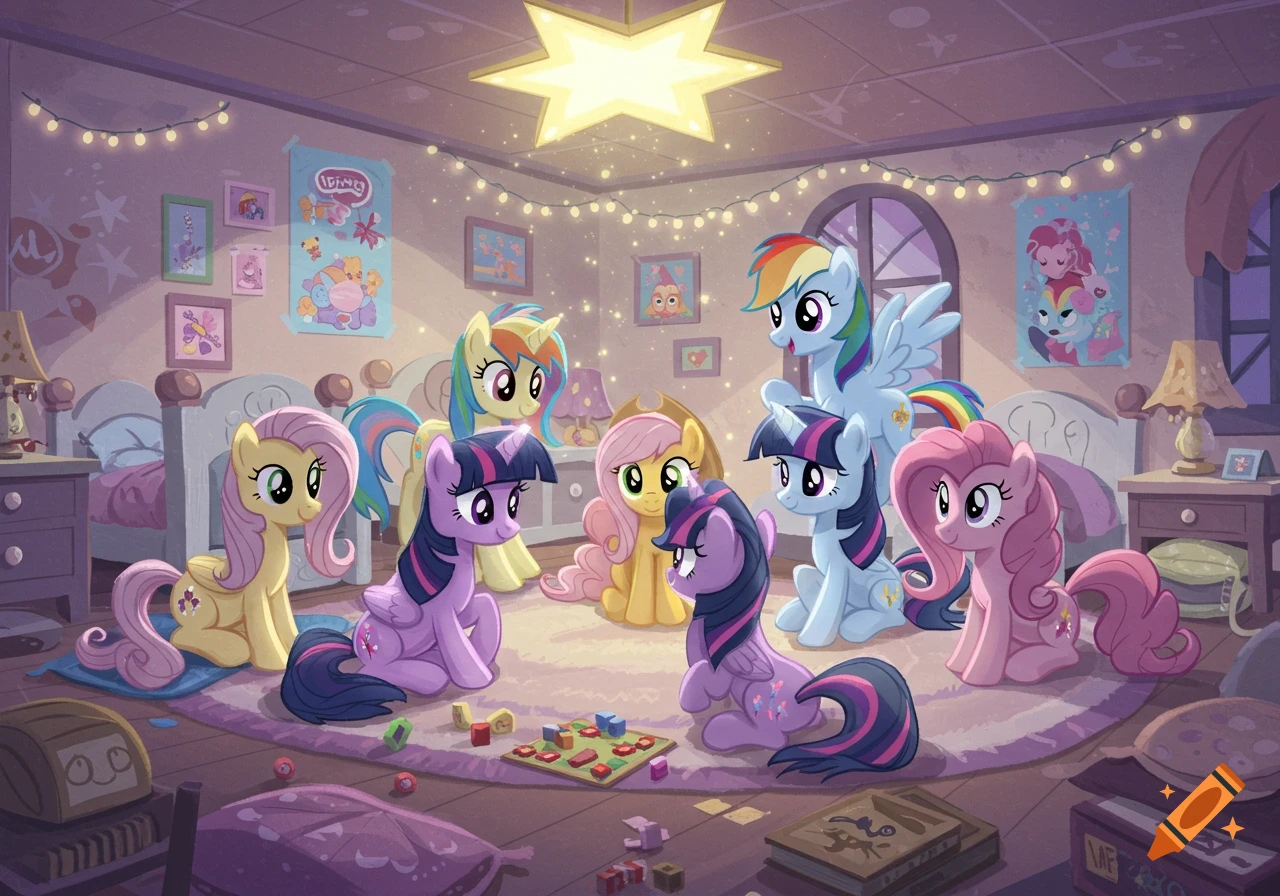 Eight cartoon My Little Pony characters gather in a softly lit bedroom, some sitting around a board game on the floor.