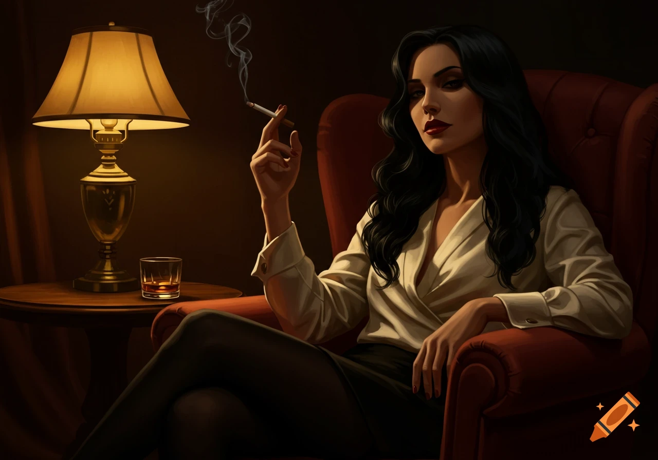 A woman with dark hair and red lipstick sits in a red armchair, holding a lit cigarette with smoke rising. A lamp and a glass of amber liquid are on a table beside her.