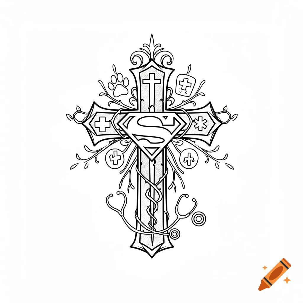 Black and white line art tattoo design featuring a cross intertwined with a Superman 'S' logo, a stethoscope, medical crosses, and a paw print.