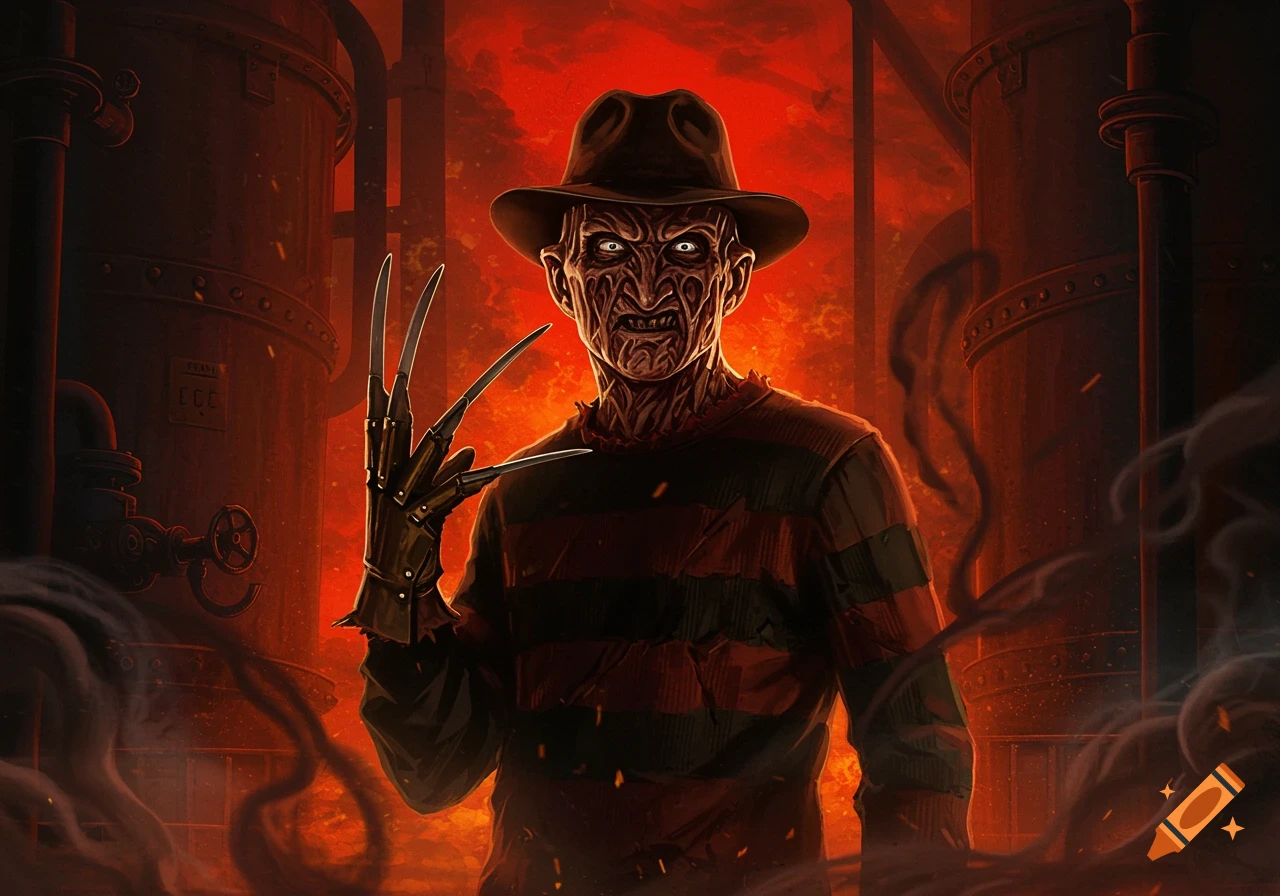 A menacing portrait of Freddy Krueger with a burnt face, fedora, striped sweater, and razor-clawed glove, set against a fiery industrial background with smoke.