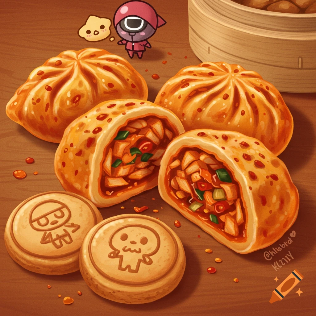 Illustration of several kimchi dumplings, two cut open revealing red filling, next to two Squid Game dalgona cookies, and a small chibi Squid Game character.