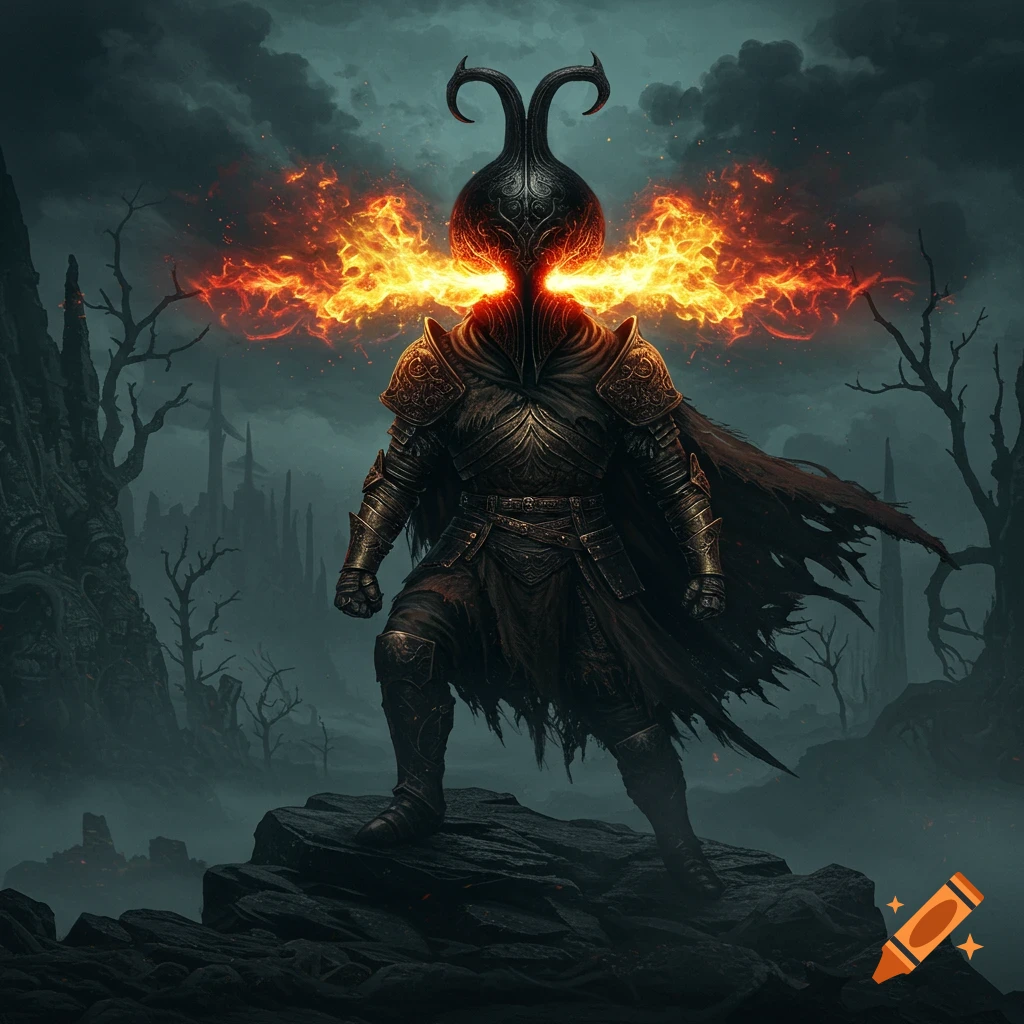 A dark armored figure with a horned helm stands on rocks, with orange flames erupting from its eyes in a desolate landscape.