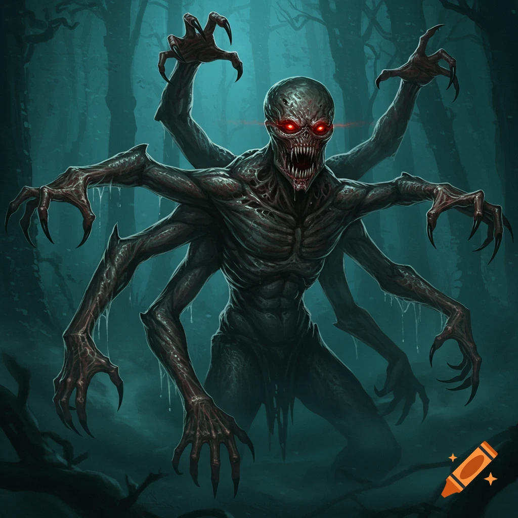 A terrifying, multi-armed monster with glowing red eyes, sharp fangs, and long slimy claws stands in a dark, misty forest. Stylized illustration.