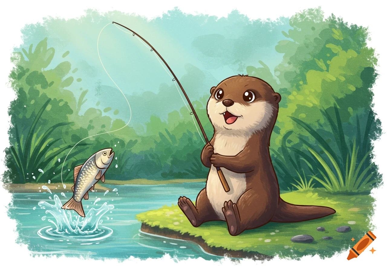 A cute cartoon otter sits by a pond, smiling and holding a fishing pole as a large fish leaps from the water.