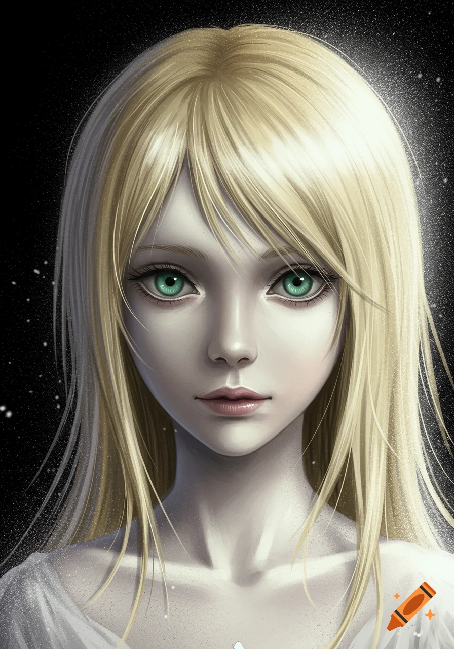 Digital art portrait of a pale girl with long blonde hair and large green-blue eyes against a dark, starry background.