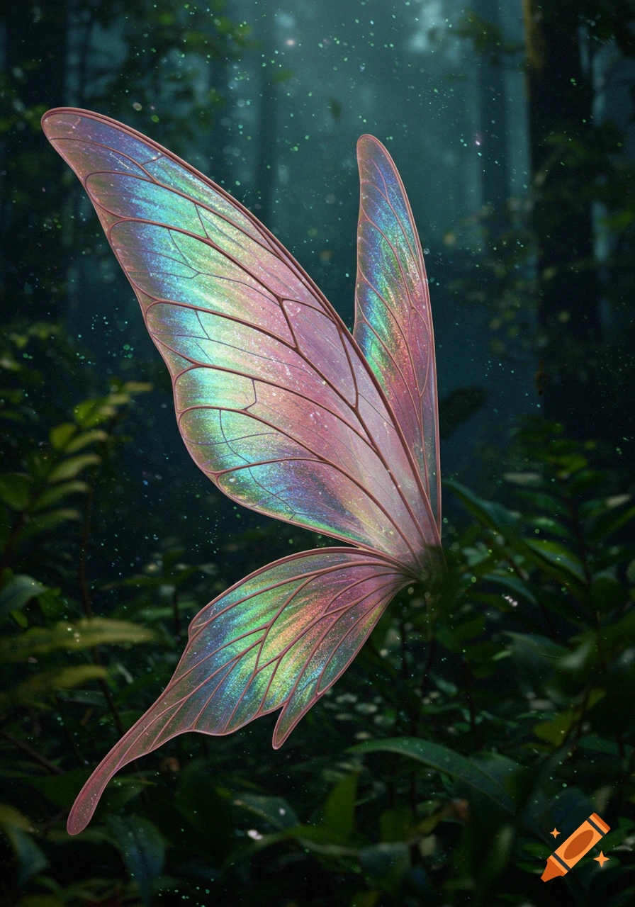 Realistic iridescent fairy wings folded down in a dark, sparkling forest.