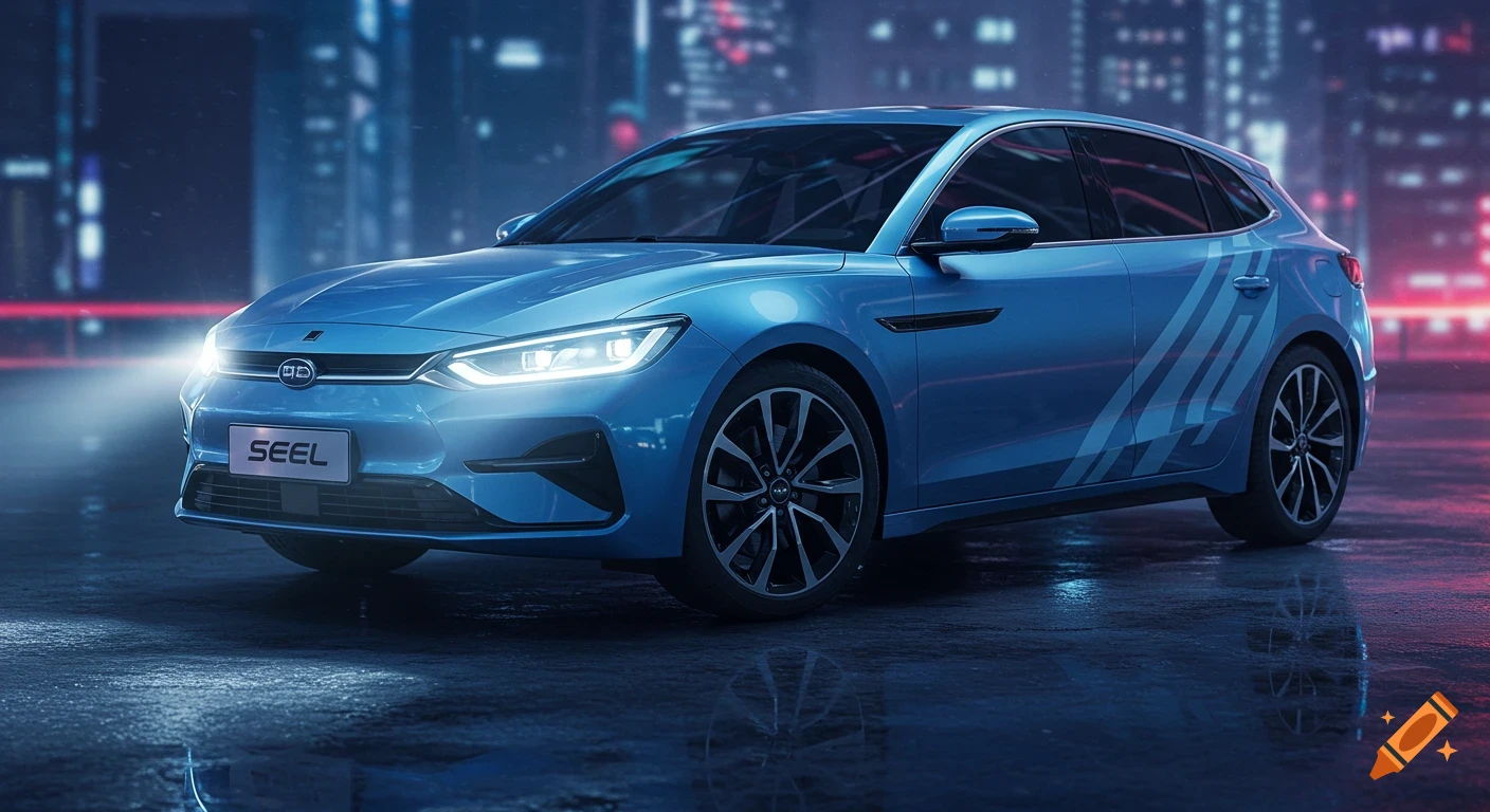 Photorealistic blue electric car with racing stripes on a wet city street at night.