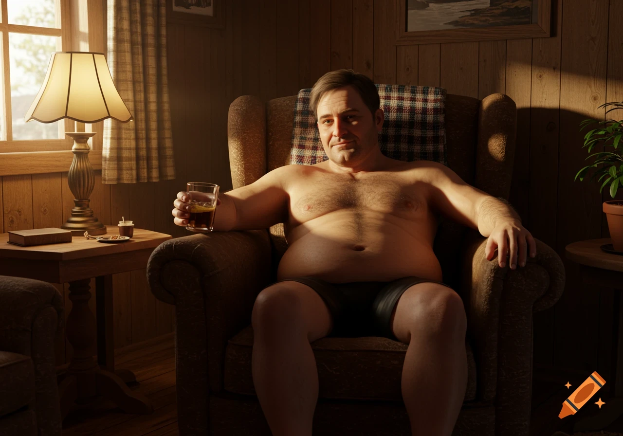 A realistic portrait of a shirtless, middle-aged man with a stocky build, sitting in a comfy armchair in a cozy wooden-paneled living room, holding a drink.