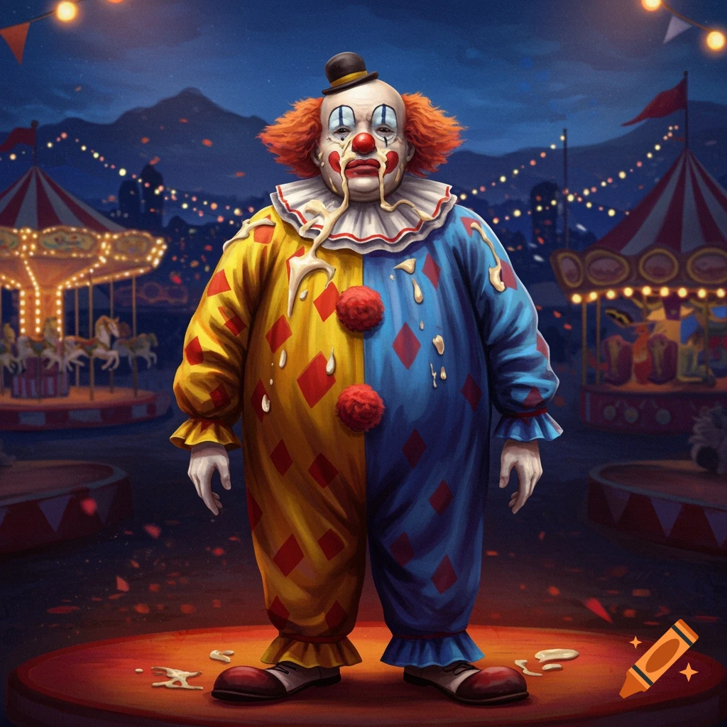 A solemn clown covered in pie stands on a stage at a nighttime fairground.