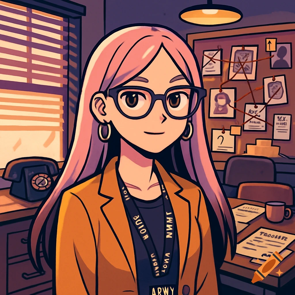 A cartoon of a woman with pink hair and glasses wearing a lanyard, standing in a detective's office.