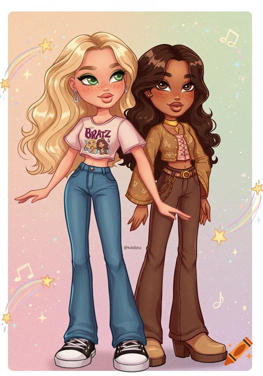 Two stylized doll-like characters, one blonde in a Bratz shirt and jeans, the other with dark hair in a brown outfit, standing together.