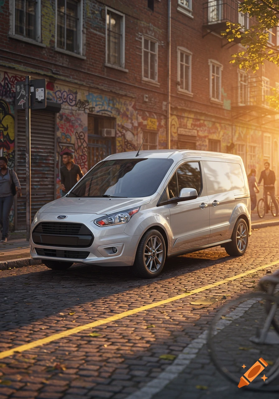 A silver Ford Transit Connect van parked on a cobblestone street with graffiti-covered buildings at sunset.