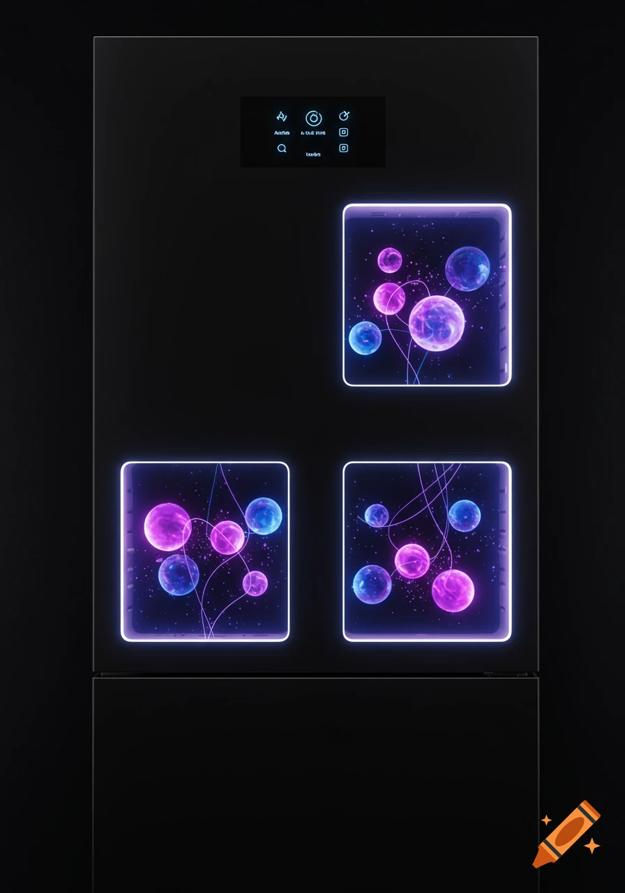 Sleek black modern machine with three glowing square windows displaying purple and blue orbs and a minimalist control panel.