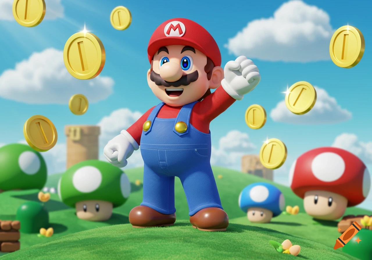 Mario raises his fist on a green hill with floating gold coins, mushrooms, and clouds in a cartoon 3D style.