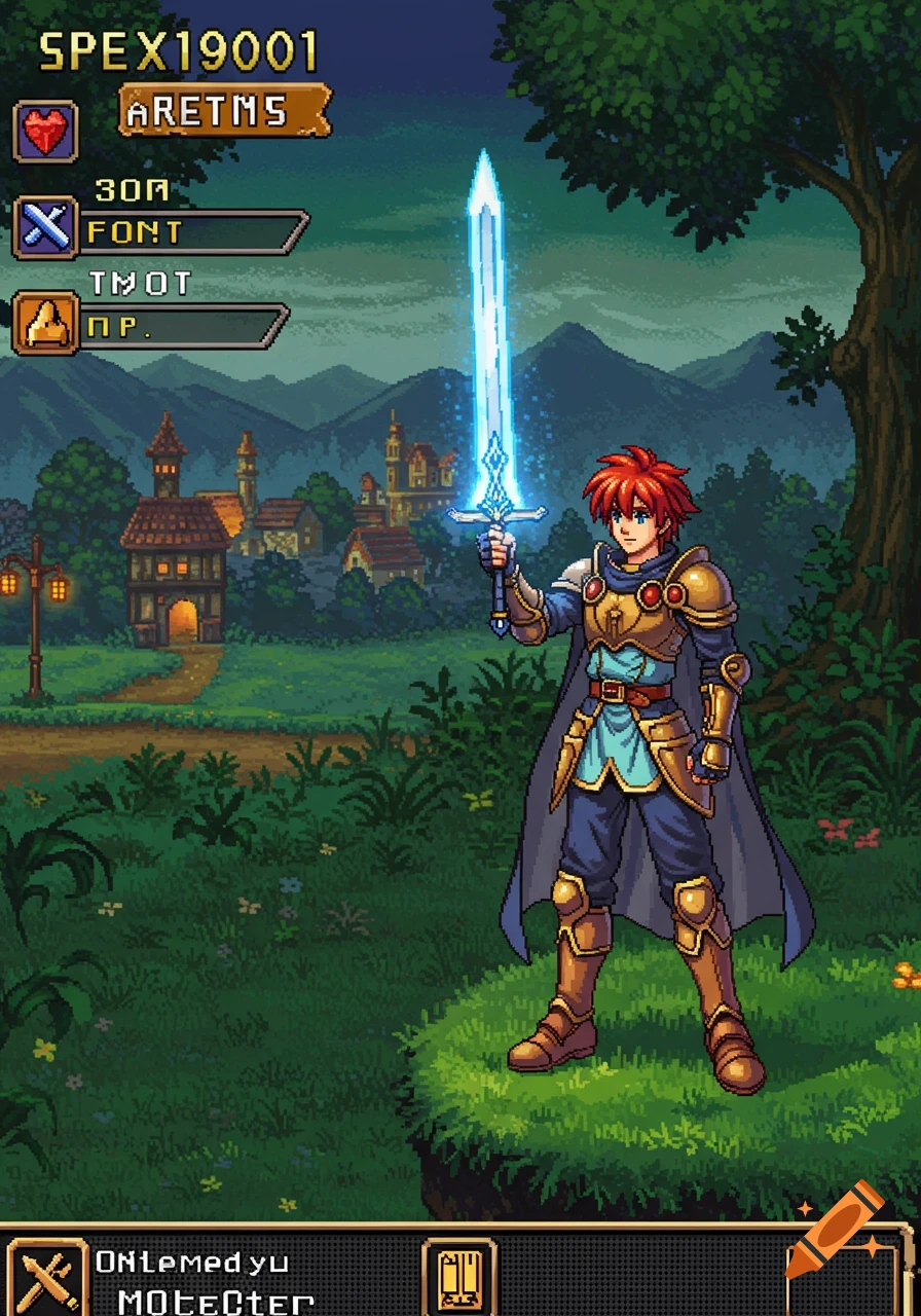 Pixel art of a male fantasy hero holding a glowing blue sword, standing in a village landscape with mountains, in PS1 JRPG style.
