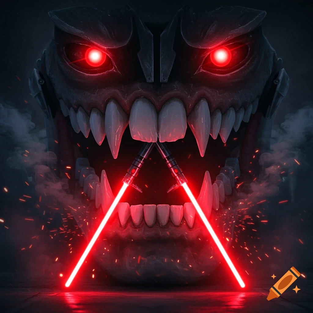 A terrifying monster with glowing red eyes and large fangs holds two crossed red lightsabers in a dark, smoky, painted style.