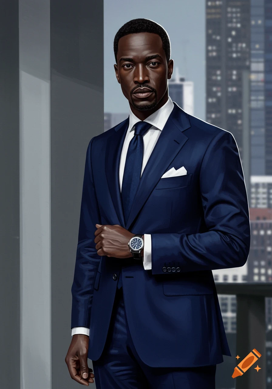 Digital painting of a Black man in a dark blue suit, standing in front of a city skyscraper backdrop, looking at the camera.