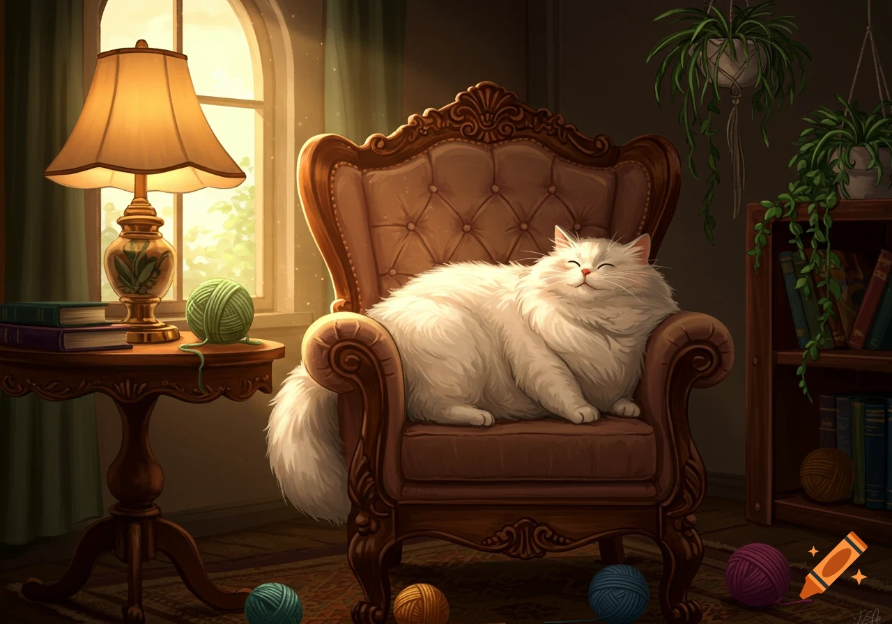 A fluffy white cat happily rests on a brown armchair in a warm, sunlit room with yarn and books.