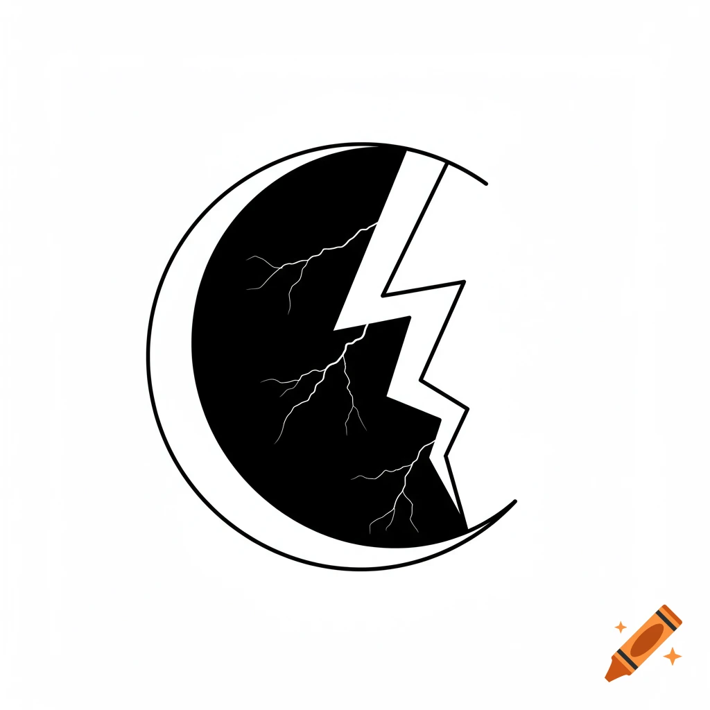 Black and white line art of a crescent moon split by a jagged lightning bolt.