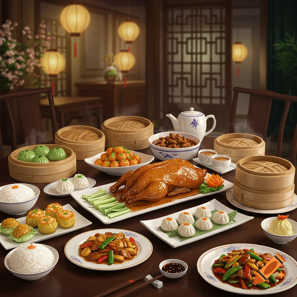 Photorealistic Chinese meal spread on a table: roasted duck, dim sum, rice, and various dishes in a traditional restaurant.