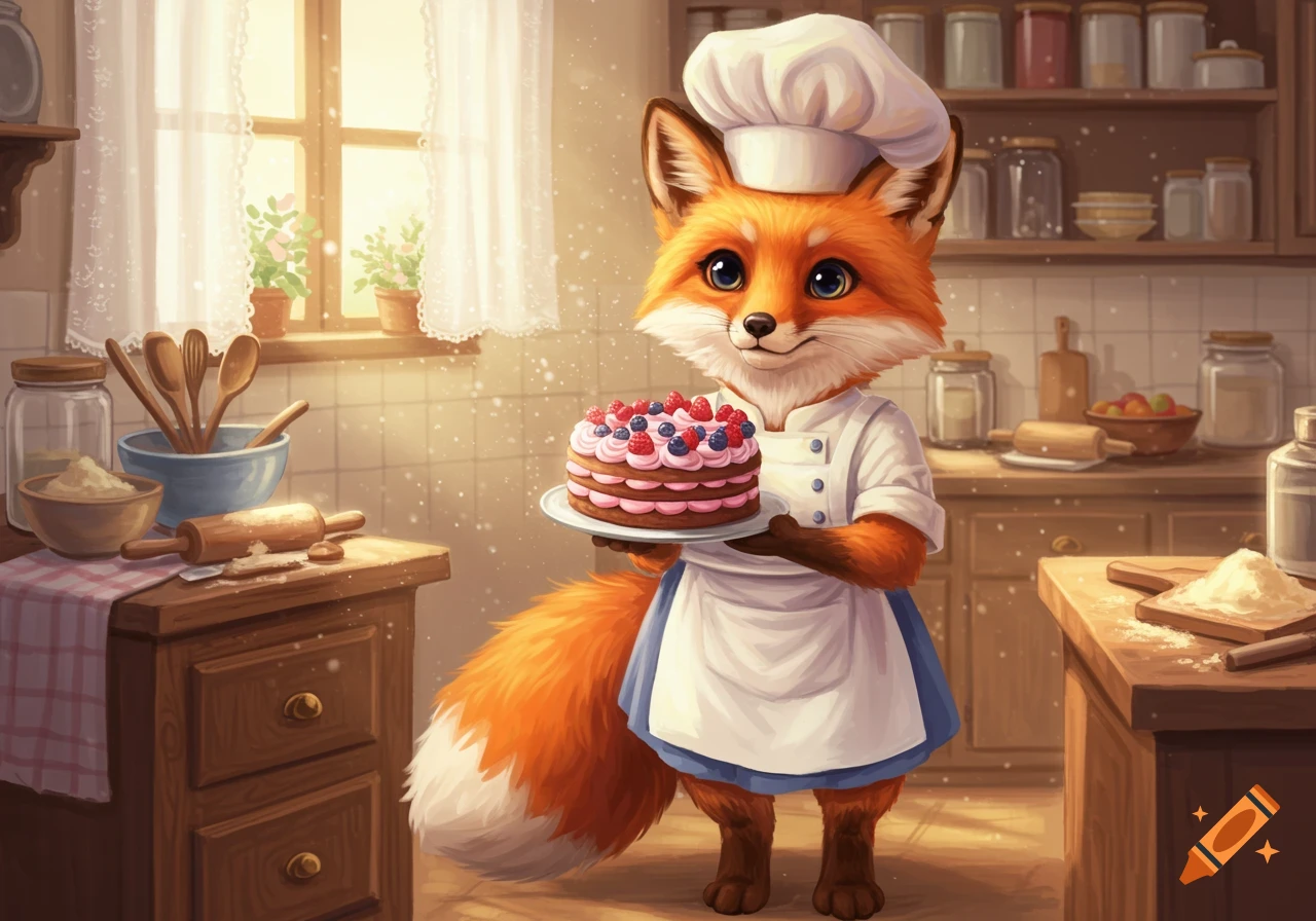 A cute anthropomorphic fox wearing a chef's hat and apron holds a berry-topped cake in a warm kitchen, illustration style.