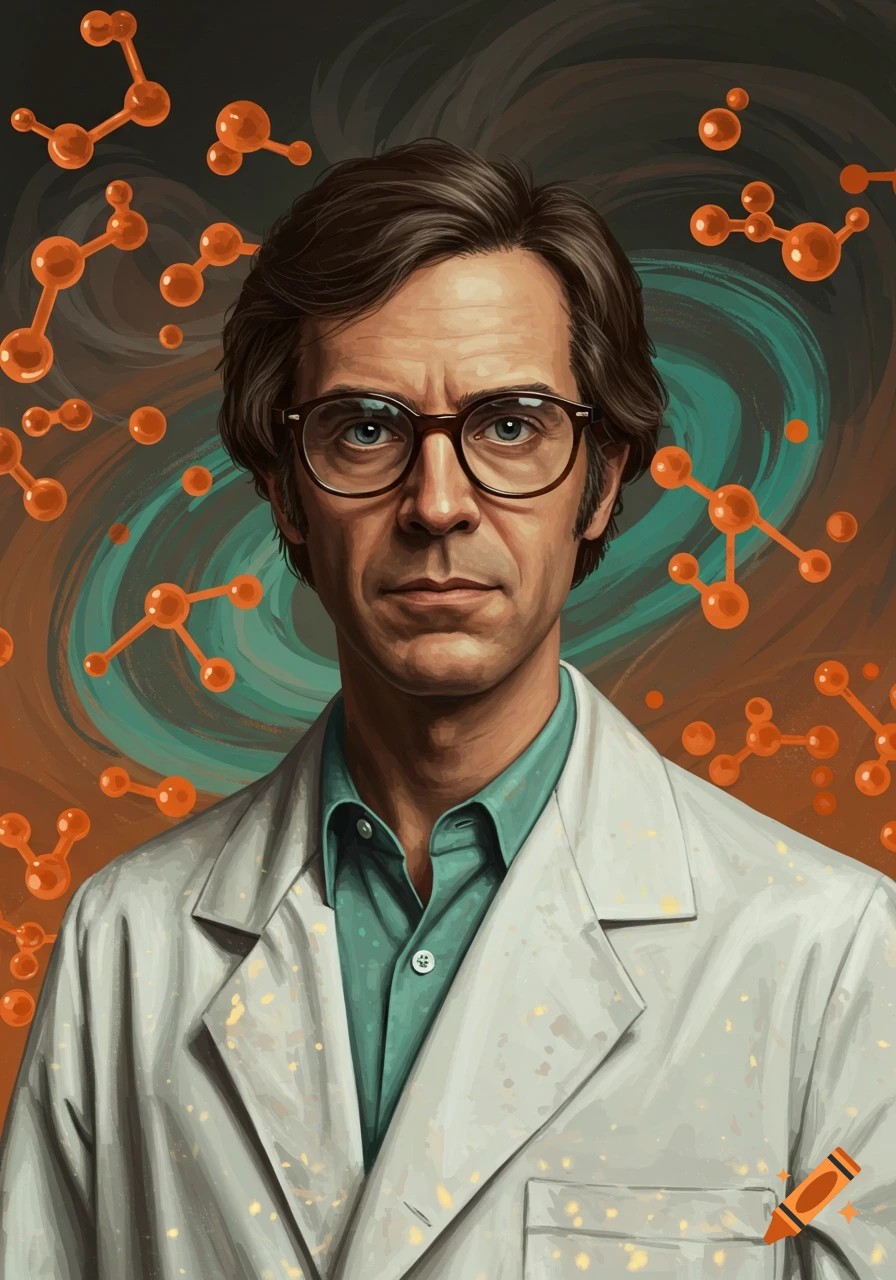 Portrait of a man in a lab coat and glasses, with orange molecular structures and a teal swirl in the background.