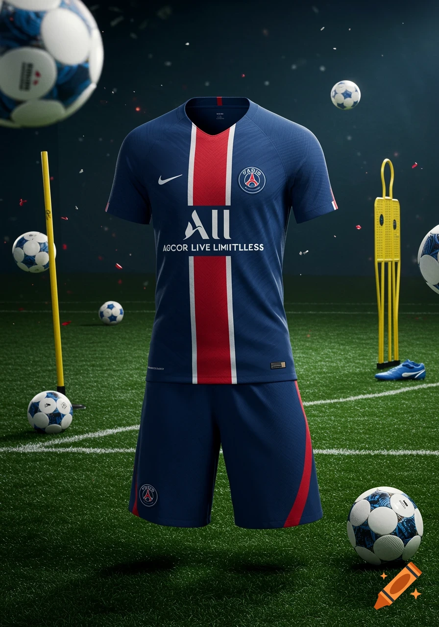 Photorealistic rendering of a PSG soccer uniform, including a navy blue jersey and shorts, floating above a grassy field with soccer balls and training equipment.