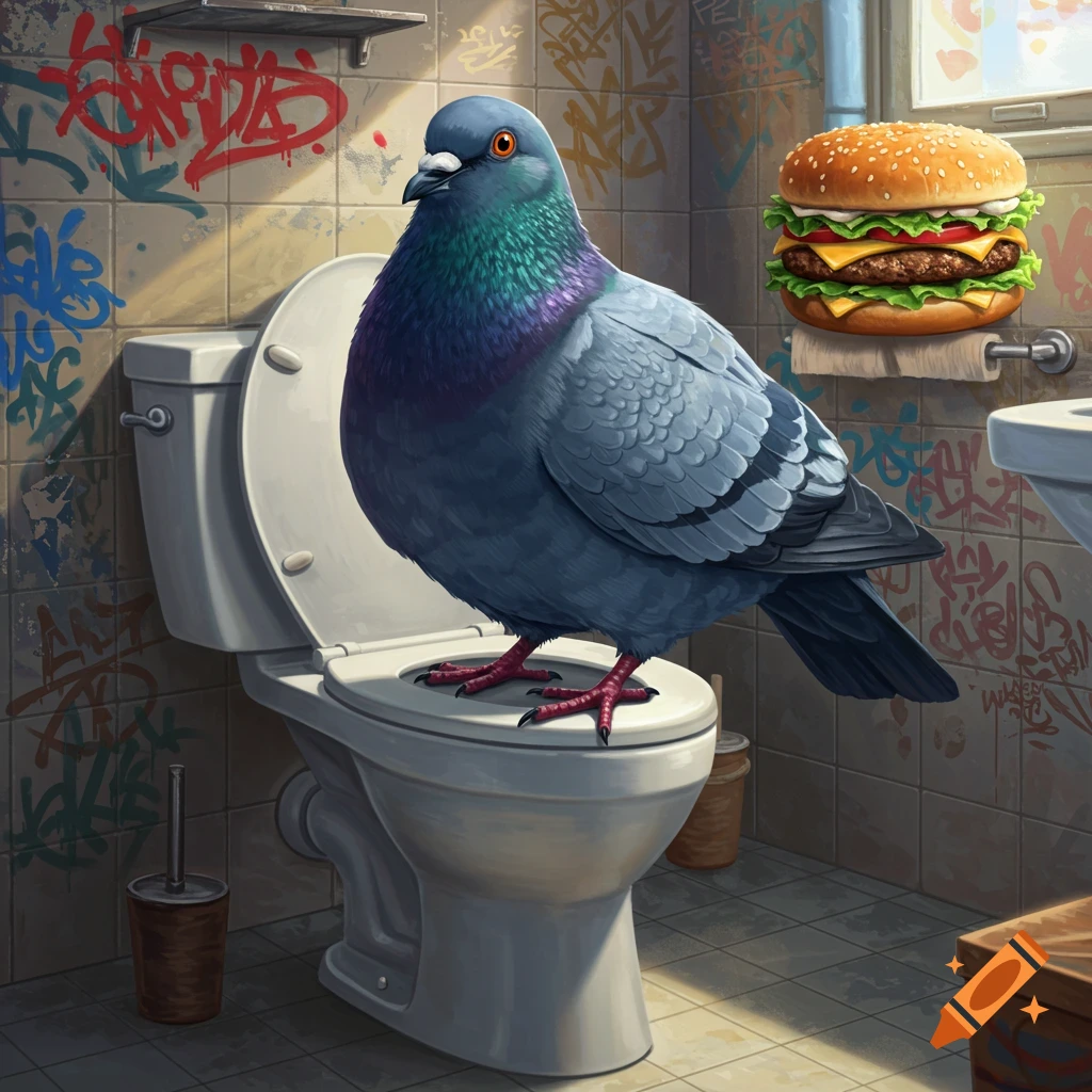 A large grey and blue pigeon stands on a toilet in a graffiti-covered bathroom, eating a cheeseburger in a detailed illustrative style.