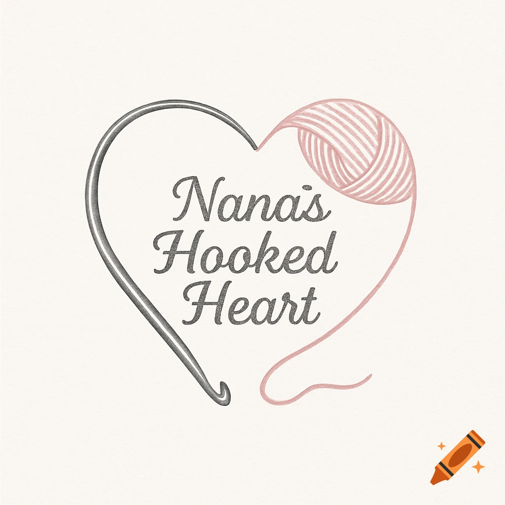 Logo with a heart made from a crochet hook and yarn, with the text 'Nana's Hooked Heart' inside.