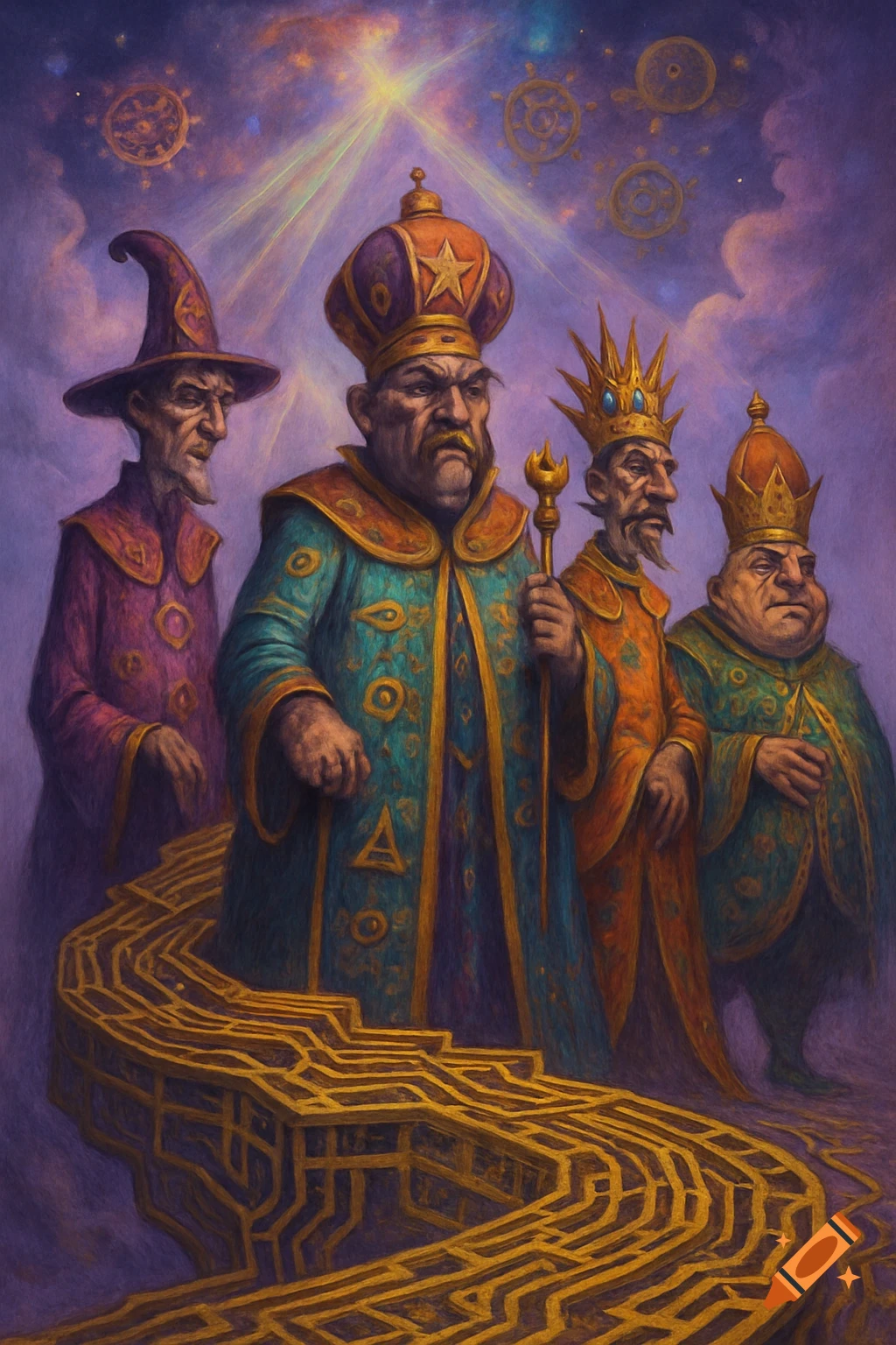 Four robed figures, including a wizard and kings, stand on a golden maze under a purple, starry sky in a painterly fantasy style.