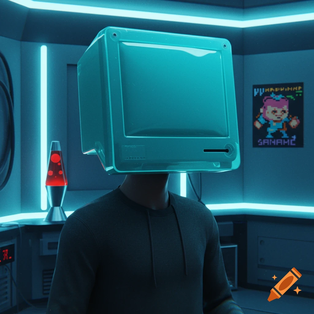 A person with a turquoise retro computer monitor for a head stands in a dark, neon-lit room with a lava lamp.
