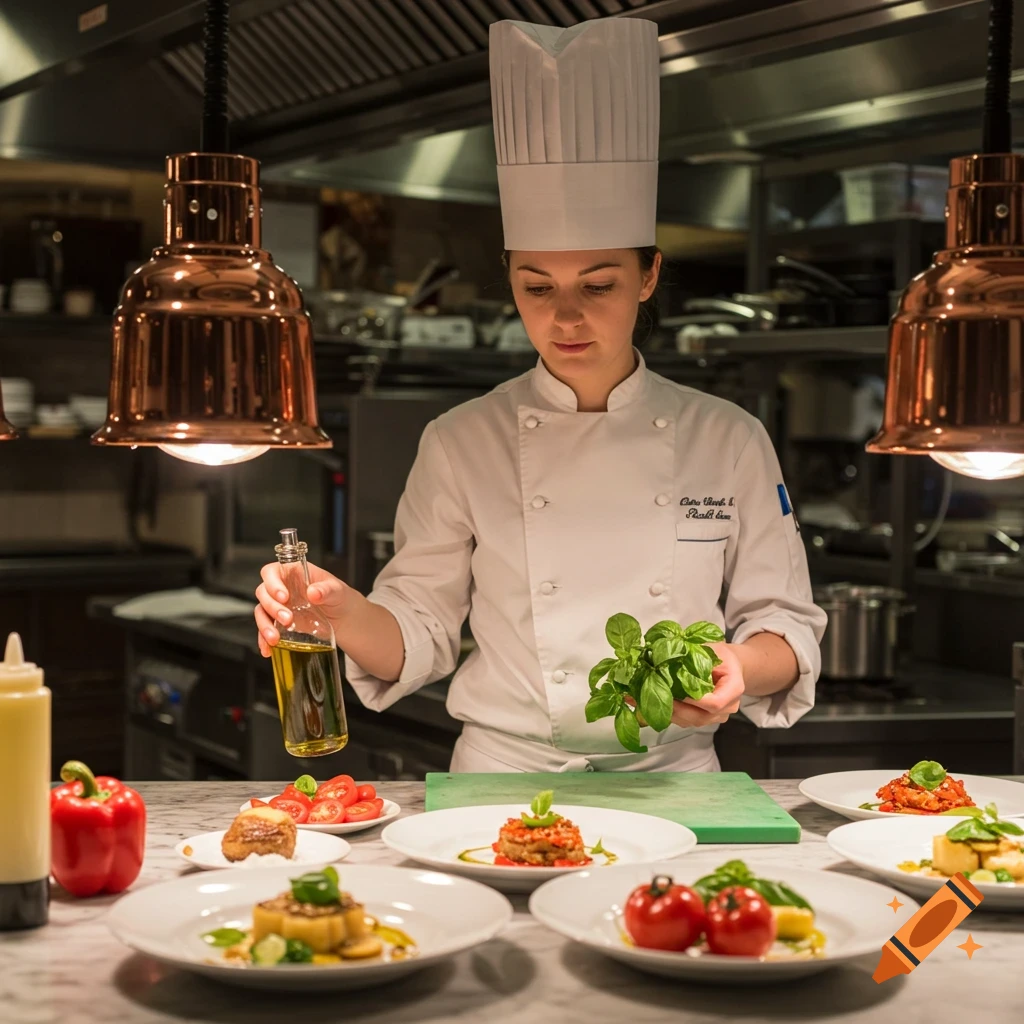 Photorealistic image of a female chef in a professional kitchen, preparing gourmet dishes with fresh basil and olive oil.