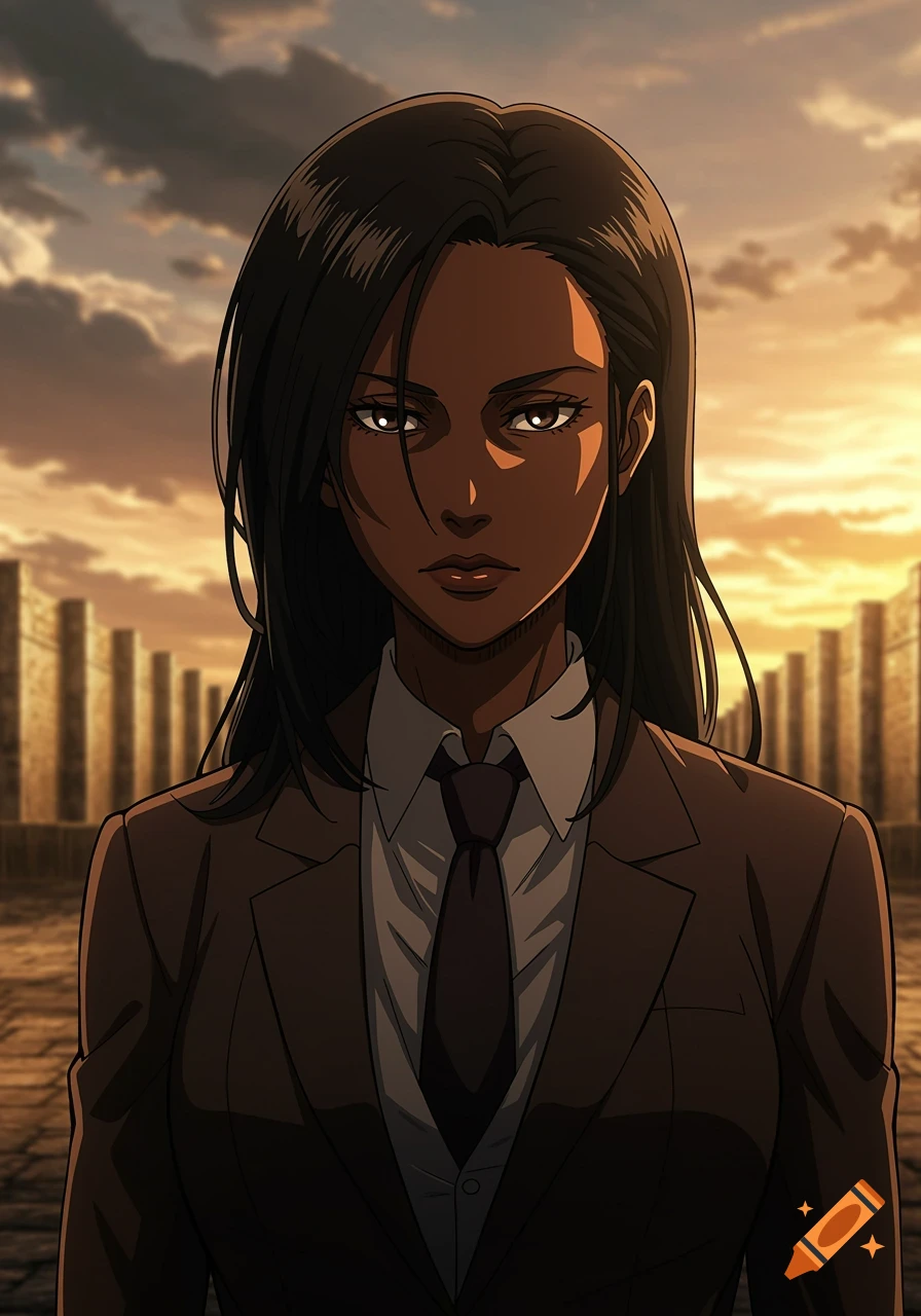An anime-style woman with dark skin and long black hair in a suit and tie, against a sunset sky and structures.