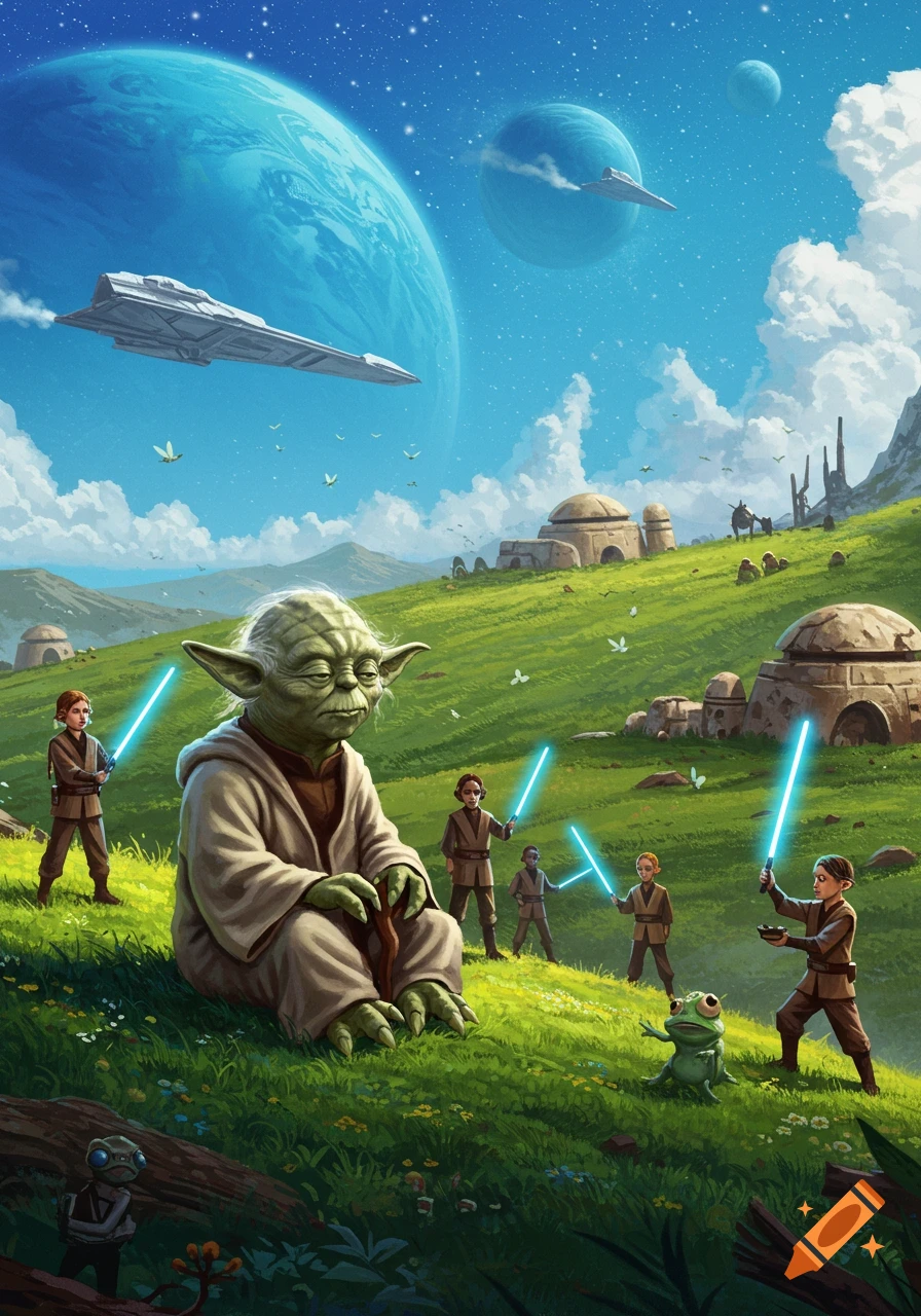 Yoda meditates on a grassy alien planet while young Jedi train with lightsabers, with spaceships and dome buildings in the background.