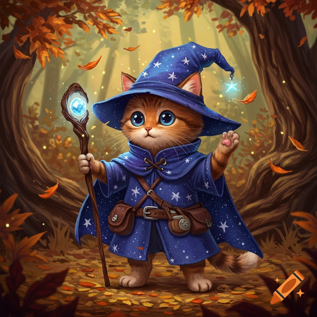 A cute orange tabby cat wizard wearing a blue starry robe and hat, holding a glowing staff in an autumn forest.