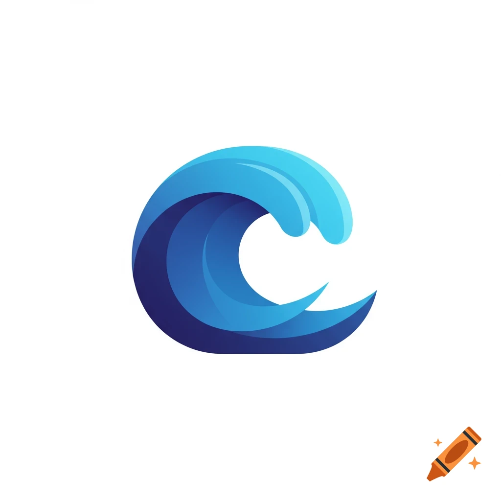 A flat vector logo of a stylized blue wave with a gradient color scheme.