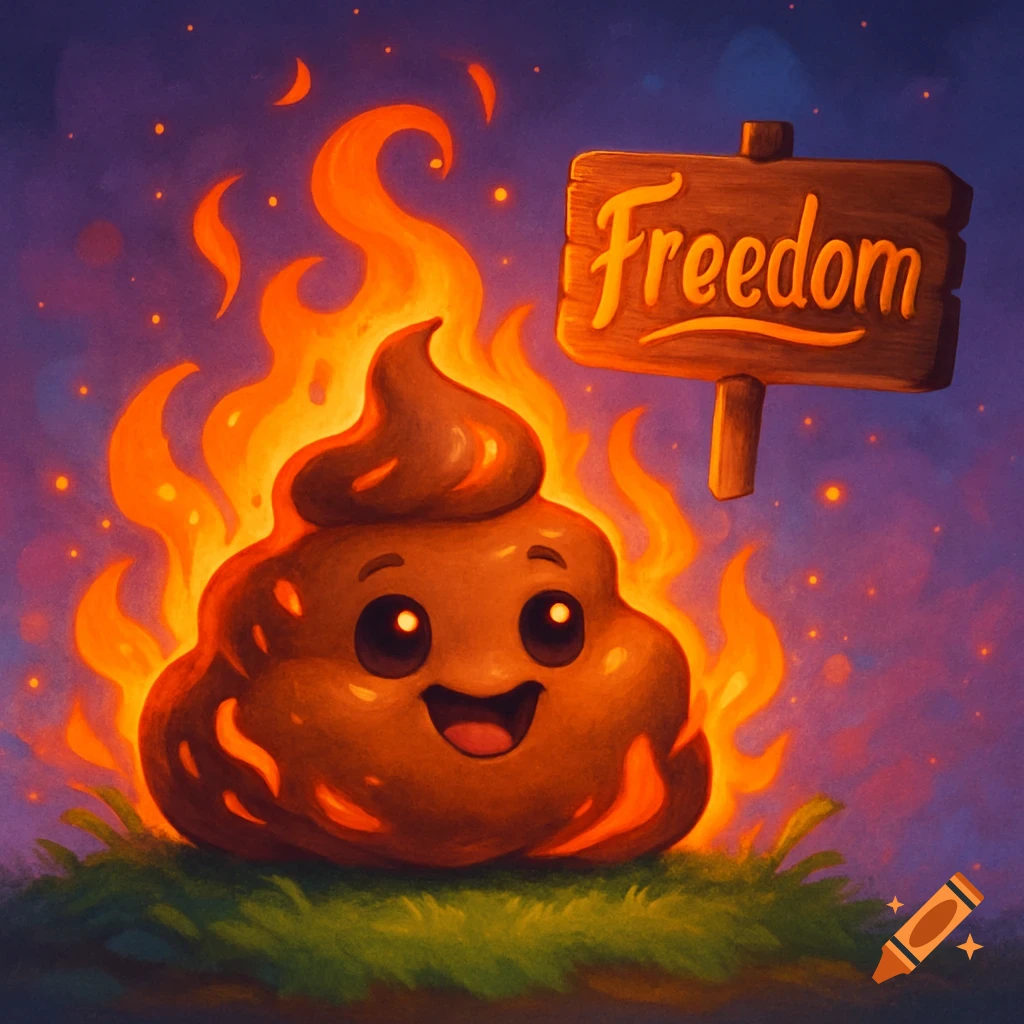 A happy cartoon poop character on fire holds a wooden sign that says 'Freedom' on a grassy patch.