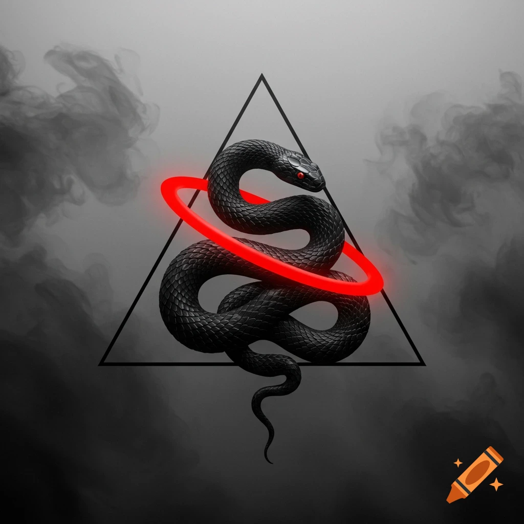 A black snake coiled inside a black triangle, with a red glowing ring around its body, against a smoky grey background.