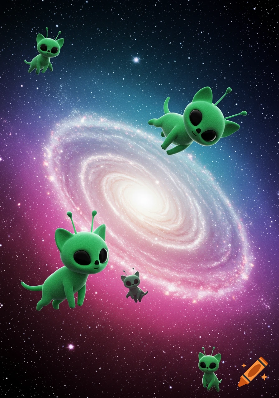 Multiple green alien cats with big black eyes and antennas float in a radiant, ombr0 galaxy with stars.