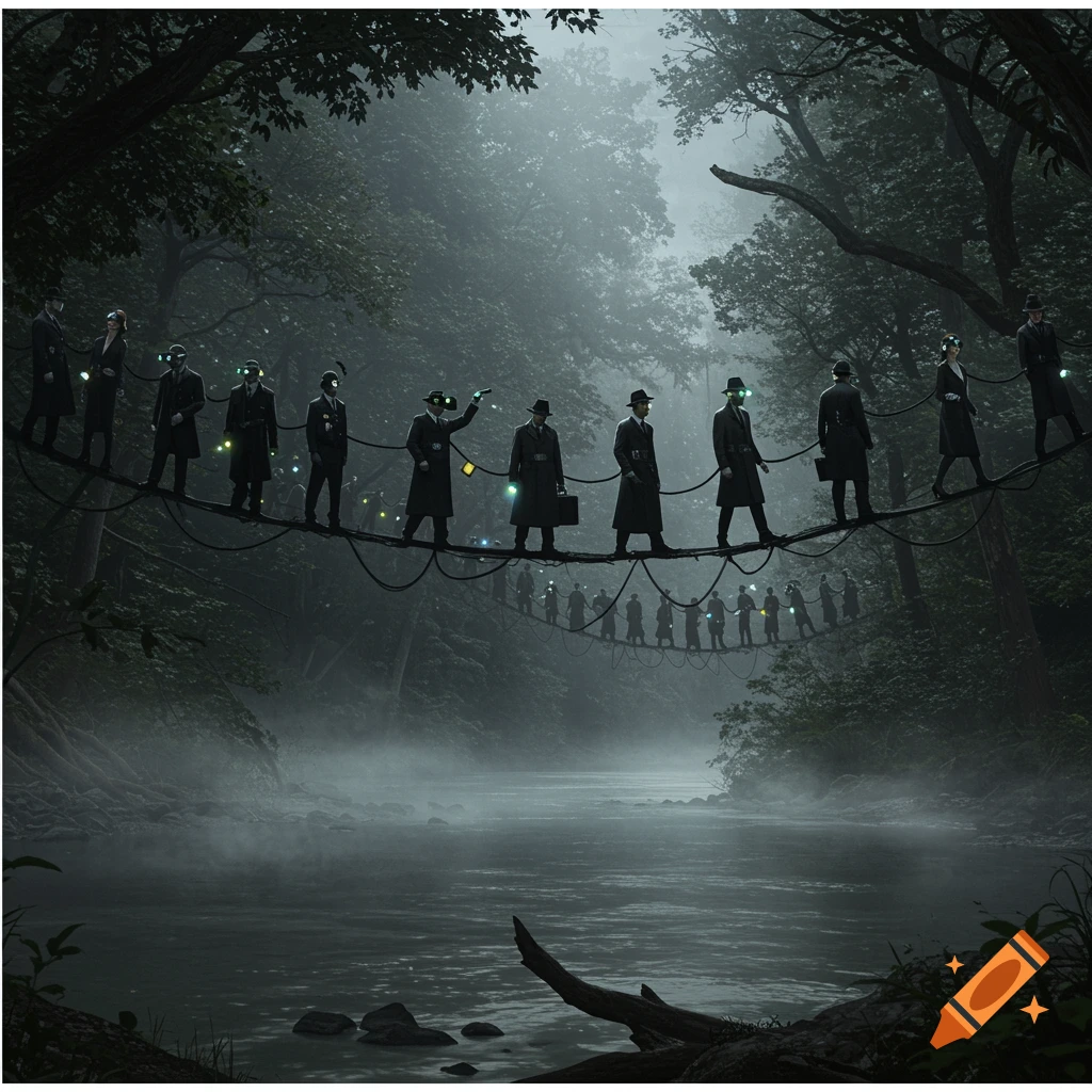 Men in trench coats and hats with glowing gadgets walk across a rope bridge made of human figures in a misty, dark forest over a river.