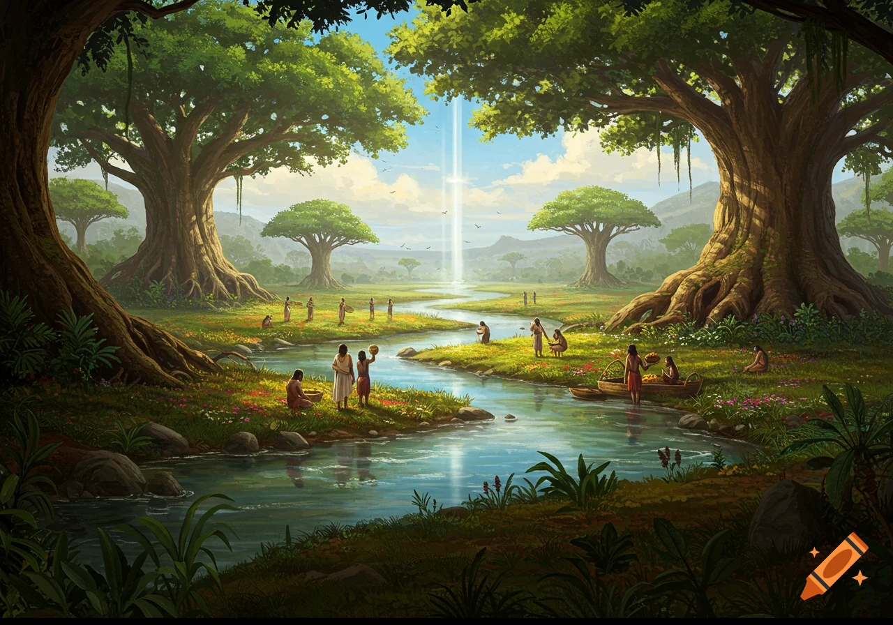 A vibrant, lush ancient garden with large trees framing a winding river, people in harmony with nature, and a radiant light pillar in the background.