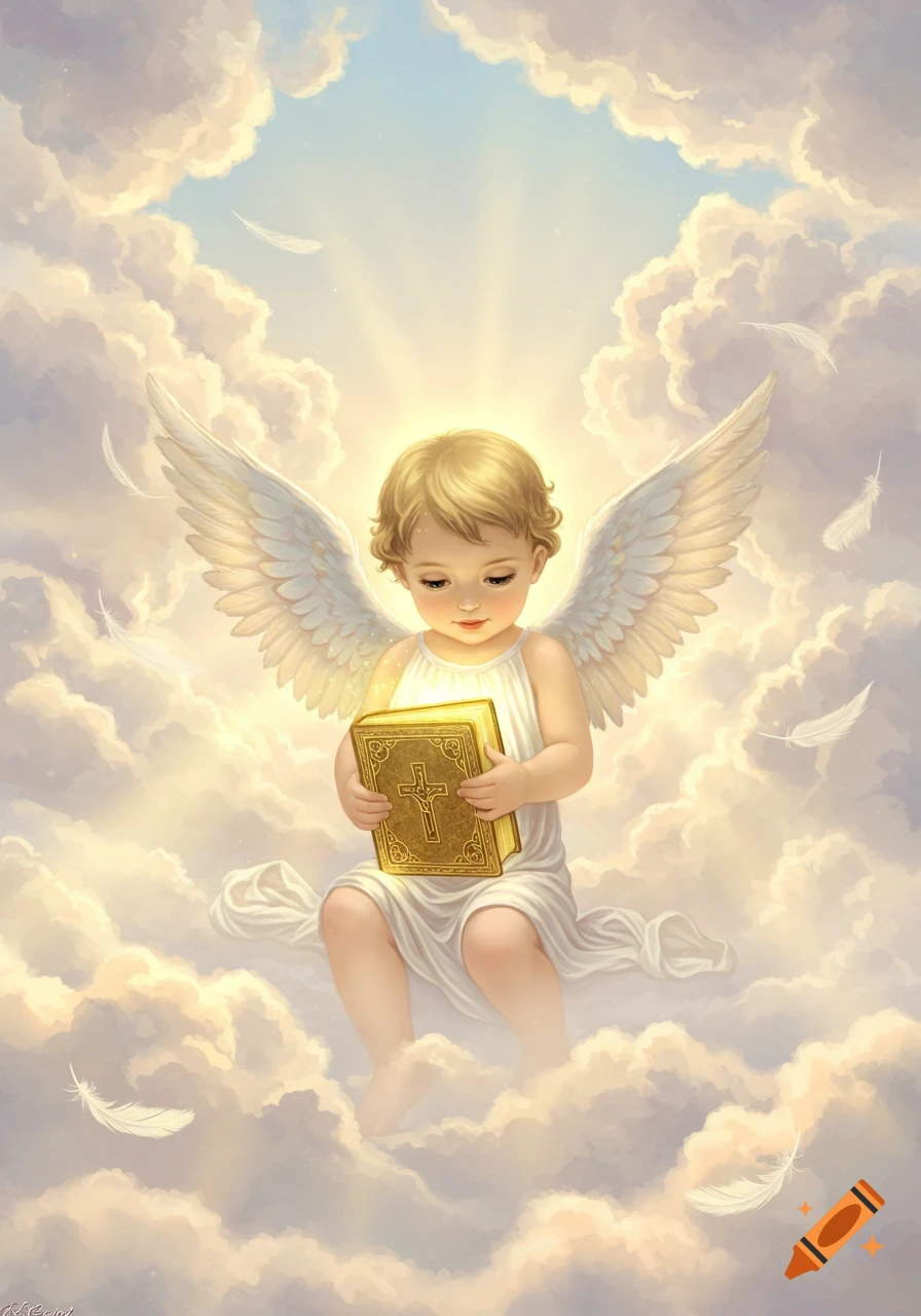 A cherubic baby angel with golden hair holds a gold bible with a cross on the cover, sitting amongst luminous clouds with feathers floating around.