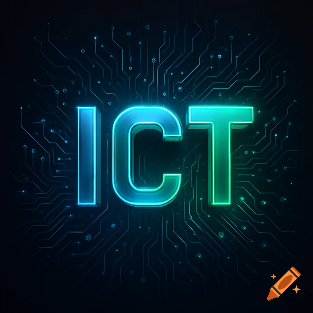 Digital illustration of the letters ICT glowing blue and green on a dark circuit board background.