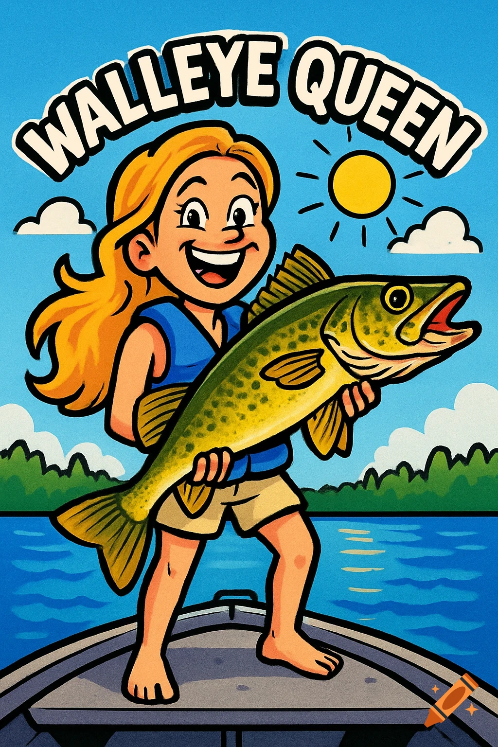 Cartoon drawing of a smiling girl on a boat holding a large walleye fish. Text above reads "Walleye Queen."