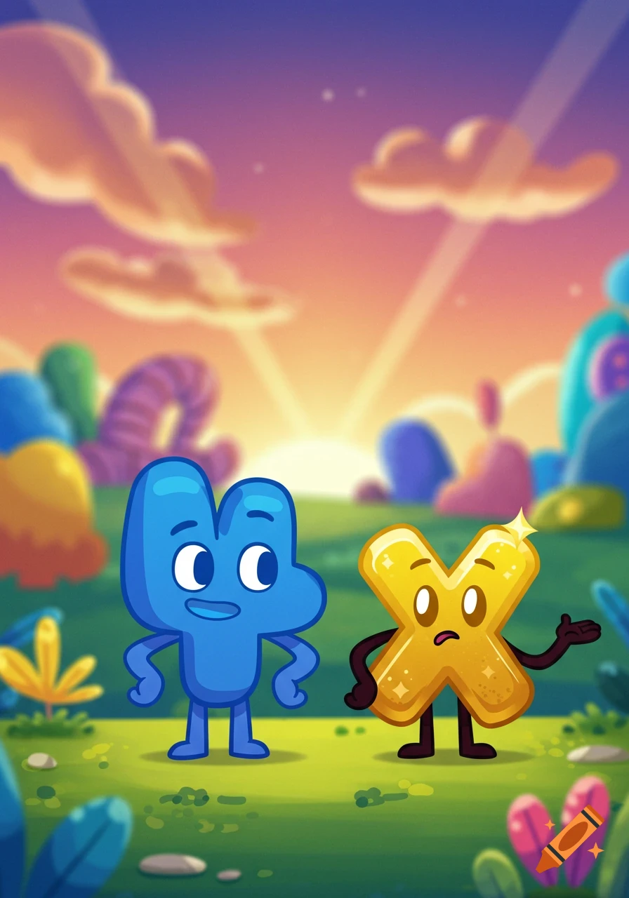 Cartoon characters Four (blue '4') and X (yellow 'X') standing in a vibrant, whimsical landscape at sunrise.