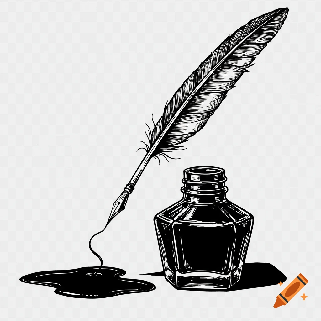 A black and white illustration of a quill pen dripping ink next to an inkwell, set against a transparent background.