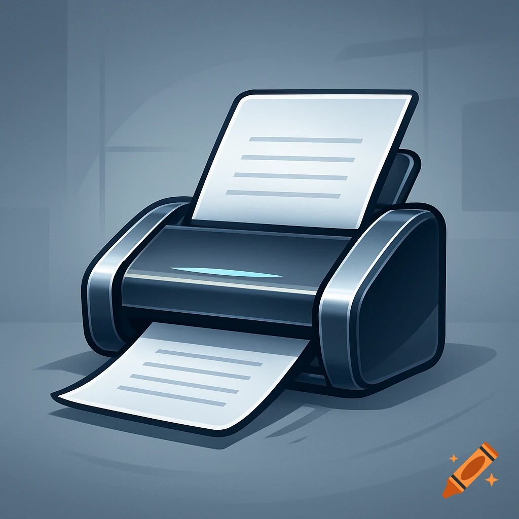 A stylized icon of a dark grey printer with white papers coming out of the top and bottom trays, against a cool blue-grey background.
